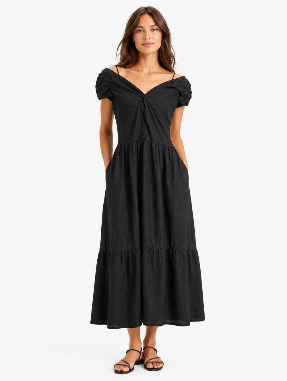 Vince Black Linen Romantic Twisted Neckline Puff Sleeve Off Shoulder Midi Dress